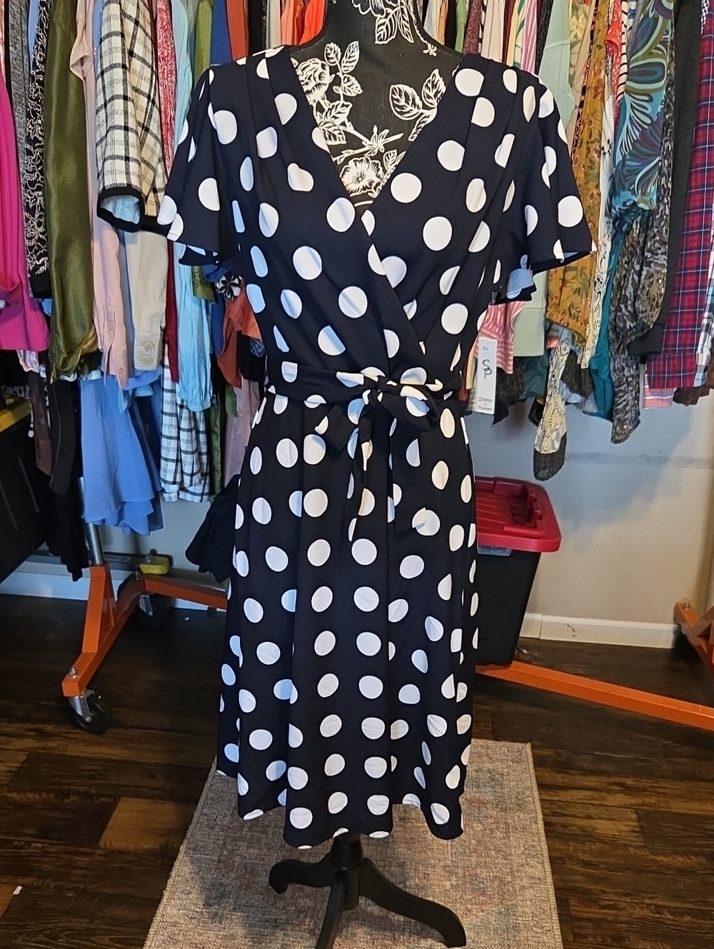 Shelby & Palmer Navy and White Polka Dot Wrap Midi Dress